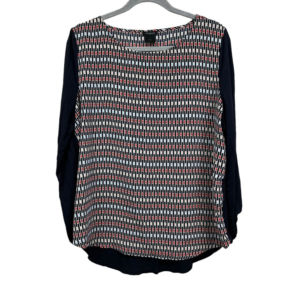 Ann Taylor Women Blouse Round Neck Rolled Tab Sleeves HiLow Hem Black Red Tan L*